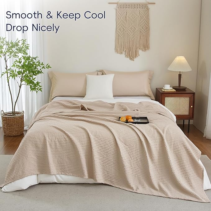 PHF Lightweight Waffle Weave Blanket King Size, Breathable & Ultra Soft, 104"x 90" Soft & Cozy Thin Blanket, Perfect for Summer & Hot Sleepers, Bed, Home Decor - Light Tan