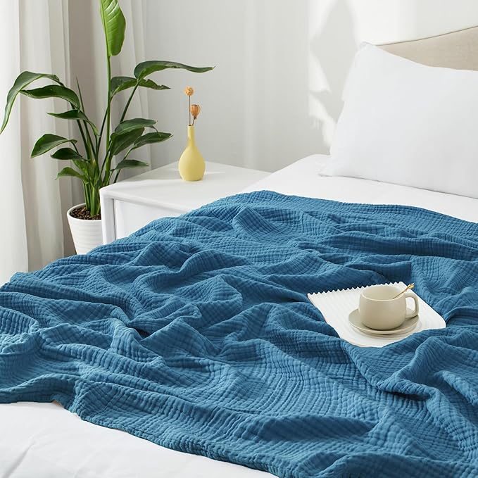 Carriediosa 100% Cotton Muslin Throw Blanket 108" X 90" King Size,4-Layers Summer Gauze Throws for Bed Couch,Soft Lightweight Breathable Linen Blankets Bedspread for Adults All Season,Dusty Blue