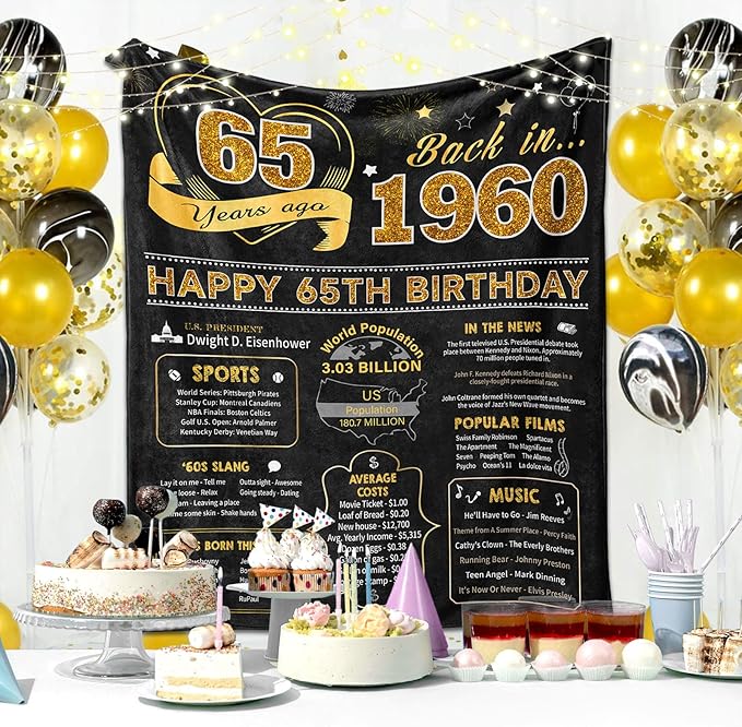 65th Birthday Gifts for Women Men, Birthday Gifts for 65 Year Old Woman Man, 65 Year Old Birthday Gifts for Women Men, 1960 Birthday Gifts for Women, 65th Birthday Gift Ideas Throw Blanket 60x50 Inch