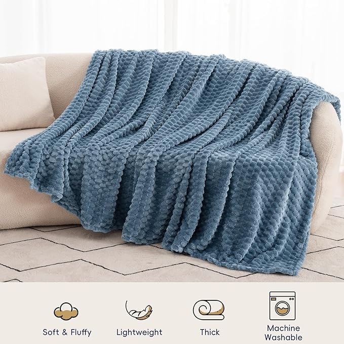 PHF Ultra Soft Flannel Fleece Blanket Queen Size, Lightweight 3D Jacquard Fleece Blanket, No Shedding, No Pilling, Luxury 340GSM Aesthetic Fluffy Cozy for Bed Room Decor, 90"x90", Captain's Blue