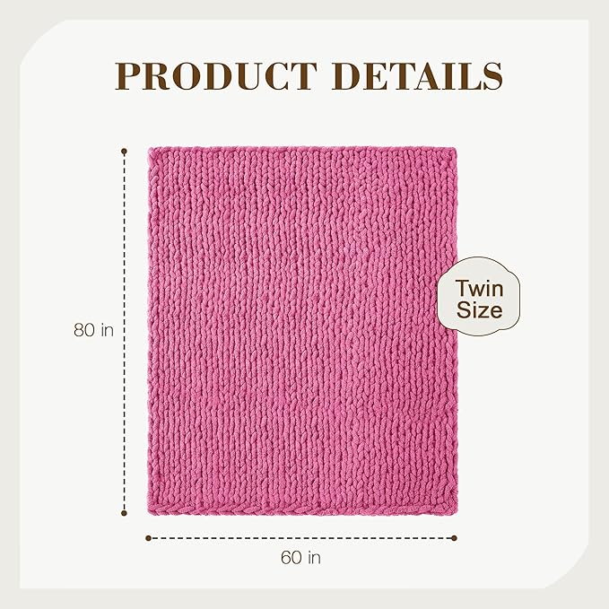 Carriediosa Chunky Knit Throw Blanket 60" X 80" Twin, 100% Hand Made Large Chenille Loop Yarn Soft Fluffy Throws for Couch Sofa Bed, Big Crochet Cozy Heavy Thick Cable Woven Blankets, Hot Pink