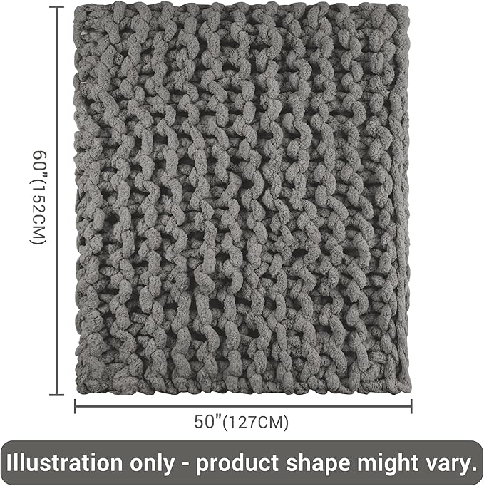 Knit Blanket 50"x60" Dark Grey Cream Soft Washable Chenille Throw Blanket Cozy 100% Handmade Crochet Blankets with Jumbo Chenille Yarn for Couch Bed Sofa Room Decor