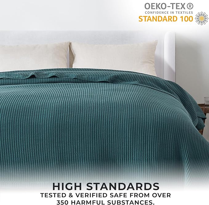 100% Cotton Twin Size Bed Blanket - Blue Waffle Weave Lightweight Summer Bedding - 90x66in Prewashed Breathable, Woven, Layering (Twin, Peacock)