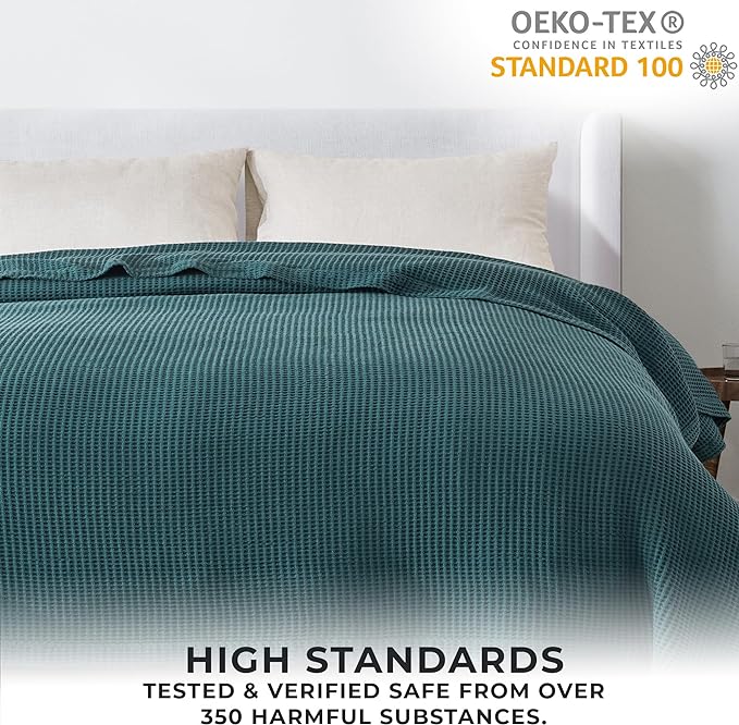 100% Cotton Waffle Weave Throw Blanket - Blue Waffle Weave Lightweight Summer Throw Blanket - 50x60in Prewashed Breathable, Woven Throw for Couch, Bed or Office (Peacock)