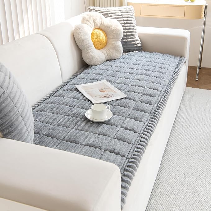 Faux Fur Plush Dog Couch Cover 3D Stripe Fuzzy Sofa Cover Non-Slip Fluffy Dog Bed Cover Pet Blanket Sofa Couch Furniture Protector for Puppy Large Dog Cat (Light Grey,31"x70")