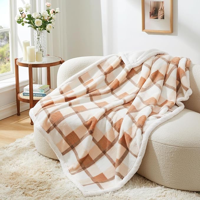 PU MEI Super Soft Faux Rabbit Fur Sherpa Fleece Throw Blanket, Reversible Luxury Cozy Cute Furry Blanket, Plush Warm Shaggy Fluffy Checkered Blankets for Sofa Couch Bed (Beige-Plaid, 60" x 80")