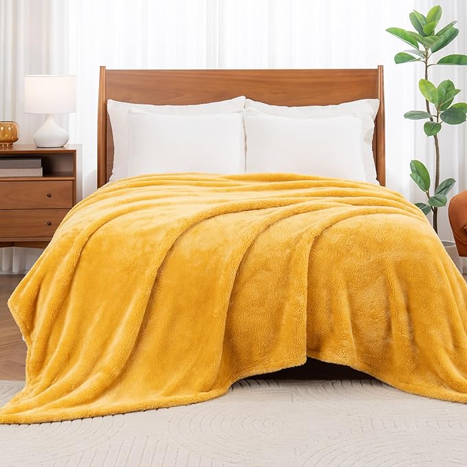Berkshire Blanket Classic Extra-Fluffy™ Plush Blanket King Size, Soft Fuzzy Fluffy Long Hair Blanket for Couch Sofa Bed, Ochre, 90x108 Inches