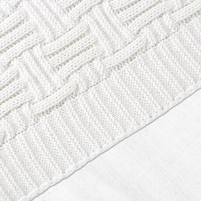 Longhui bedding Pure White Cotton Cable Knit Throw Blanket for Couch Chair Sofa,Soft Cozy Home Decorative Blankets for All Seasons, 50 x 60 Inch Gift a Washing Bag,2.2 pounds Silk Bow Tie Package