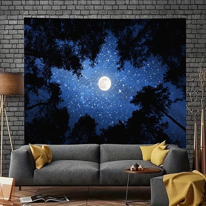 TUGCAY Forest Galaxy Starry Tapestry Blue Space Night Sky Stars Moon Ceiling Tapestry Nature Trees Tapestries Aesthetic Wall Hanging for Bedroom Dorm Living Room Office Decor 60x50 Inch