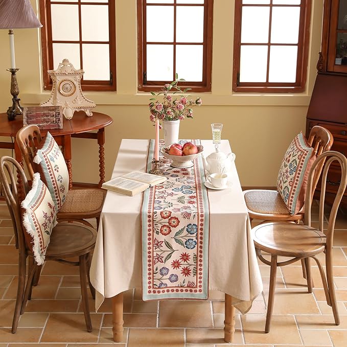Decorative Linen Table Runner 87 Inches Long,Green Floral Rustic Farmhouse Runner for Table Decor Tabletop Table Runners for Kitchen,Dining,Party,Home,Christmas,12"*87"