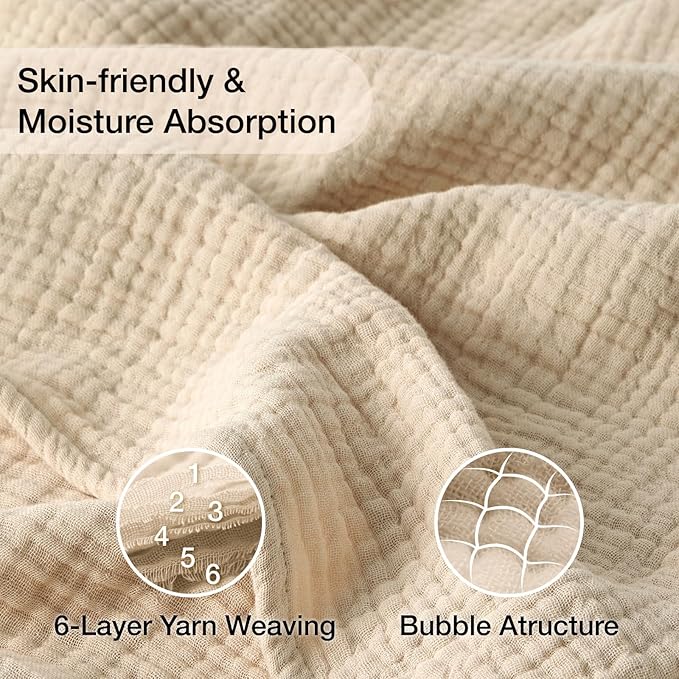 100% Cotton King Size Blankets for Bed 108" x 90", 6 Layers Cooling and Soft Muslin Throw Blanket, Lightweight Quilt Bedspread Coverlet, Gauze Blanket for Adults All Season, Linen Beige