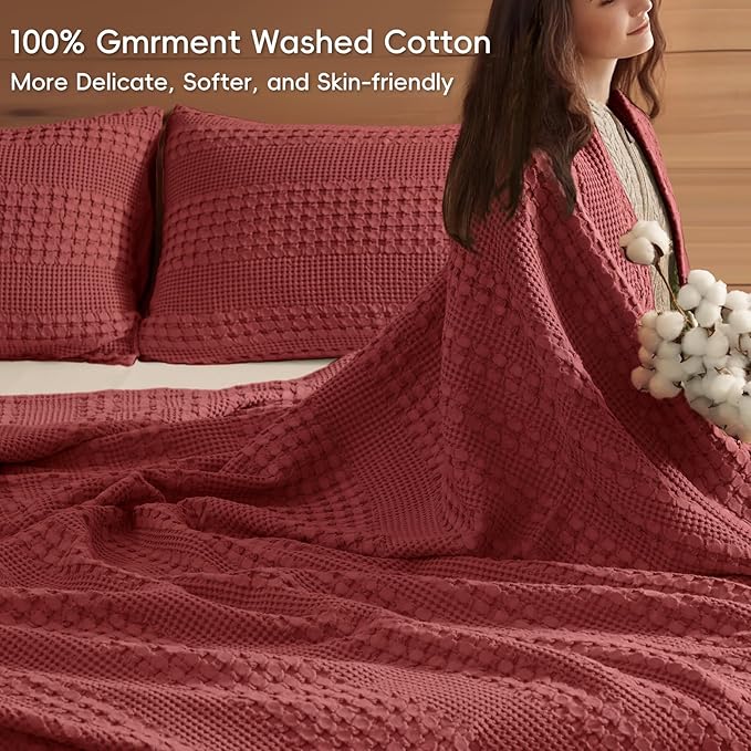 PHF 100% Cotton Waffle Weave Blanket Queen Size, Soft Lightweight Breathable Cozy Summer Blankets for Bed, Luxury Aesthetic Woven Bedding for Home Decor, 90"x90", Wine Red