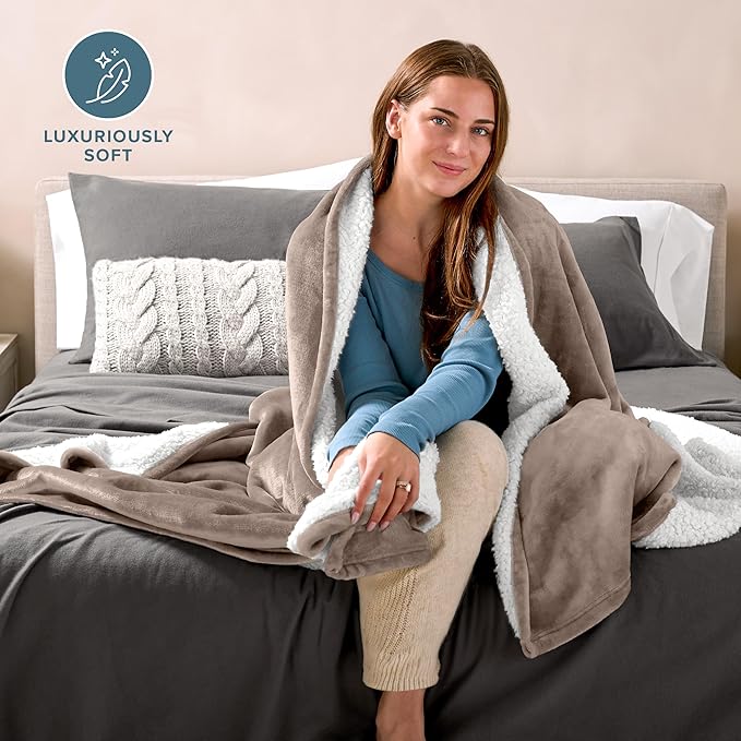 Bare Home Sherpa Fleece Blanket - King Size - Blanket for Bed, Sofa, and Couch - Warm & Lightweight - Fluffy & Soft - Reversible (King, Taupe)