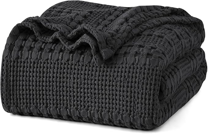 PHF 100% Cotton Waffle Weave Blanket Queen Size, Soft Lightweight Breathable Cozy Summer Blankets for Bed, Luxury Aesthetic Woven Bedding for Home Decor, 90"x90", Black