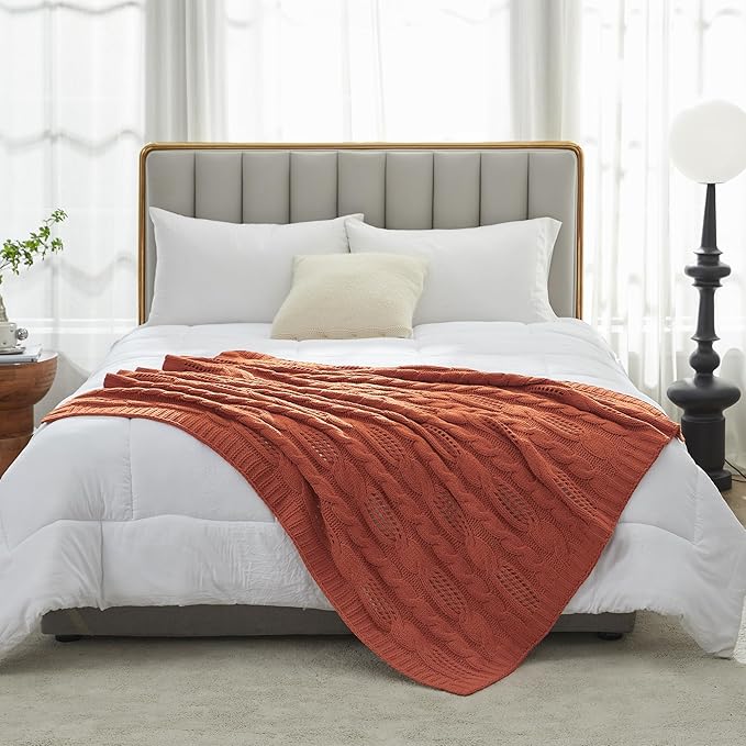 Amélie Home Chunky Knit Chenille Throw Blanket, Breathable Cable Knitted Blanket for Couch, Farmhouse Decorative Throw for Sofa Chair Bed, 60"x80", Burnt Orange