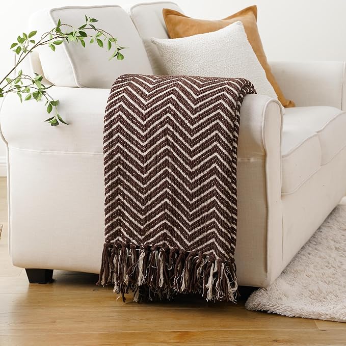 BATTILO HOME Chocolate Brown Throw Blanket for Couch, Decorative Knit Dark Brown Blanket for Bed, Super Soft Warm Throw for Fall Winter Accent Decor, 50''x60'', Chocolate/Cream