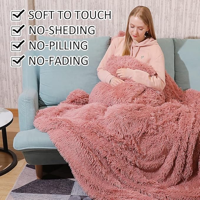 YUSOKI Twin Size Faux Fur Throw Blanket(Pink,60" x 80"),Whithout Pillows,Winter Lightweight Plush Fuzzy Soft Cozy Microfiber Comfy Bed Blanket for Women Kids Girls Couch Sofa Washable