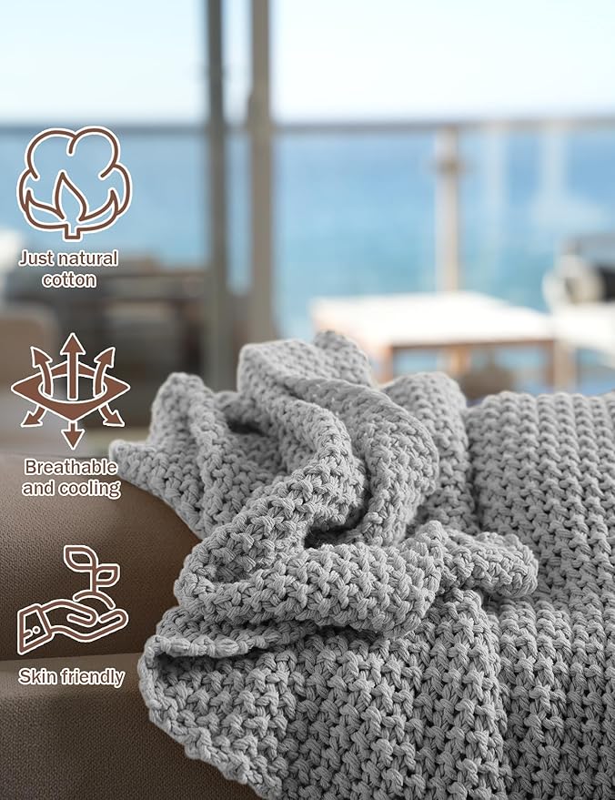 Chunky Cotton Knit Throw Blanket, Light Weight Cable Knit Throws for Bed Couch Sofa, Comfy & Relaxing, Decorative Piece for Farmhouse Rustic Scandinavian Chic Vibe, Silver Grey 50x60 Inches