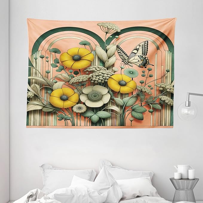 Ambesonne Boho Tapestry, Springtime Greenery with Boho Vibes Moth on Coral Tone Back Curving Stripes, Wide Wall Hanging for Bedroom Living Room Dorm, 80" X 60", Salmon Reseda Green