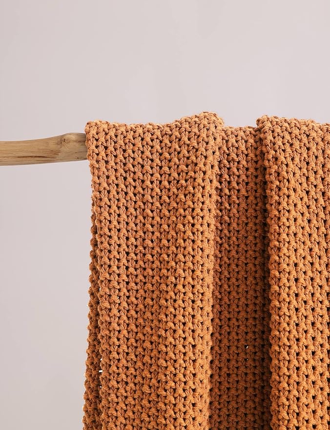 Chunky Cotton Knit Throw Blanket, Light Weight Cable Knit Throws for Bed Couch Sofa, Comfy & Relaxing, Decorative Piece for Farmhouse Rustic Scandinavian Chic Vibe, Turmeric Yellow 60x80 Inches