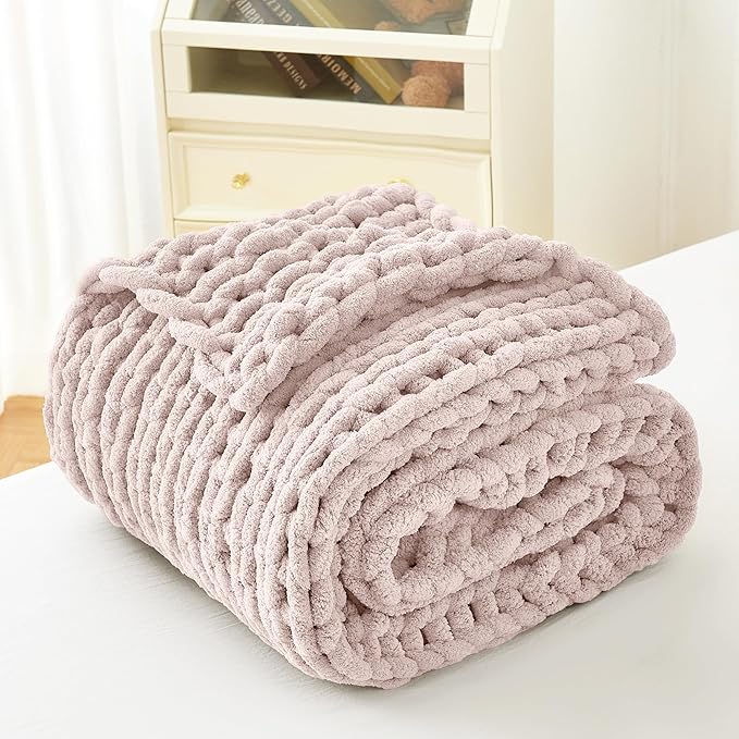 Admitrack Chunky Knit Blanket Throw, 100% Hand Knit Chenille Throw Blanket for Sofa & Home Decor, Soft and Cozy Knitted Throw Blankets (Pink,51"x63")