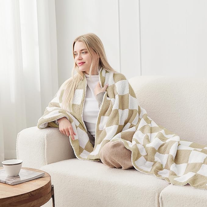 JOOJA Soft Cozy Checkerboard Beige Bed Blanket Fluffy Knit Throw Blanket Queen Size Plaid Checkered 90x90 in