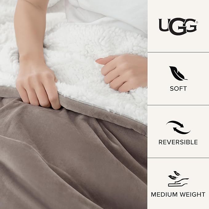UGG Bliss Throw Blanket Plush Soft Fleece Fluffy Blankets for Bed or Couch Oversized Warm Reversible Machine Washable Medium Weight Home Decor Giftable Throw, 50-inch x 70-inch, Oyster Brown