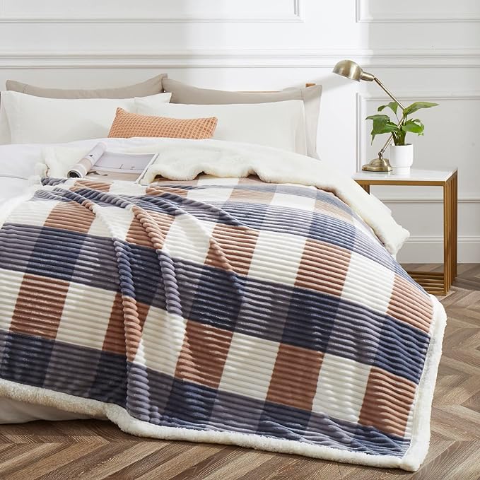 PU MEI Sherpa Blanket Full/Queen Plaid Thick Bed Blanket, 90”*80” Super Soft Flannel Fuzzy Fleece Reversible Velvet Plush Warm Blanket for Couch (Grey-Check, 80"*90")