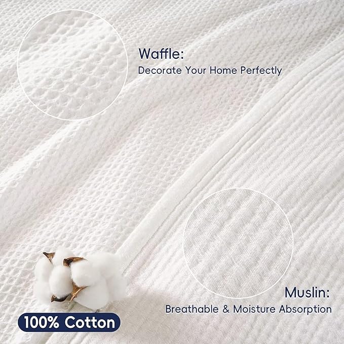 PHF 100% Cotton Waffle Muslin Throw Blanket Large 50" x 70", Lightweight and Breathable Washed Cotton Blanket, Aesthetic Soft Muslin Waffle Bedding for Sofa Bed Home Decor, White