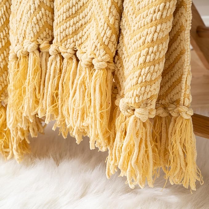 BATTILO HOME Gold Throw Blanket for Couch, Knit Yellow Throw Versatile for Chair, Super Soft Warm Mustard Throw Blanket with Tassels for Twin Bed, Sofa and Living Room, 60"x80"