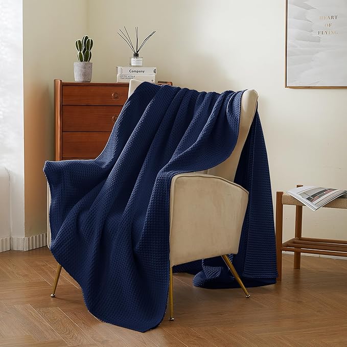 100% Cotton Waffle Blanket, Pre-Washed and Anti-Shrinkage Soft Lightweight Bed & Couch Blanket, 380 GSM Waffle Weave Throw Blanket for All Seasons(Navy Blue - Twin Size - 66" * 90")
