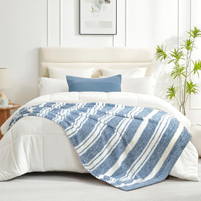 Snuggle Sac Queen Size Bedding Blankets, Oversized Bed Blankets Super Soft Warm Cozy Knit Fuzzy Blankets for Bed, Bedroom, Stripe Blue, 90"x90"