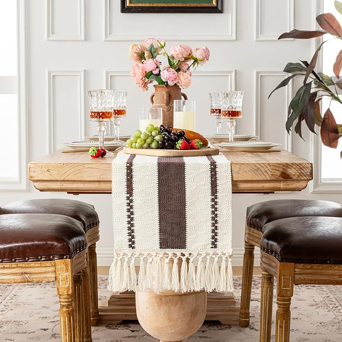 Fancy Homi Brown Table Runner 48 Inches Long Boho Macrame Table Runner for Home Decor, Farmhouse Table Runners with Tassels for Party Bohemian Rustic Bridal Shower Dining Decor 12x48 Inches