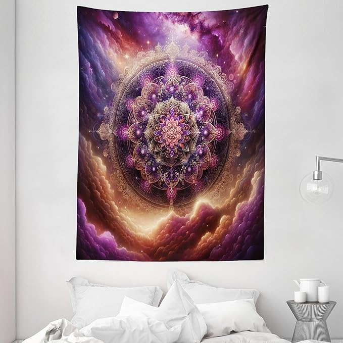 Ambesonne Purple Tapestry, Symmetric Universe Folk Ethnic Art Design Mandala with Galaxy Space Clouds, Wall Hanging for Bedroom Living Room Dorm Decor, 60" X 80", Fuchsia and Amber