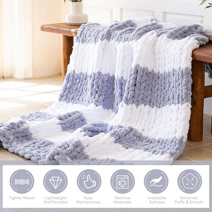 Chunky Knit Blanket - Luxury Soft Cozy King Size(60 * 80) Throw Blanket,100% Woven Blanket Rope Knot Throw Blanket for Couch, Sofa, Home Decor, Gift - Machine Washable(White/Light Gray)