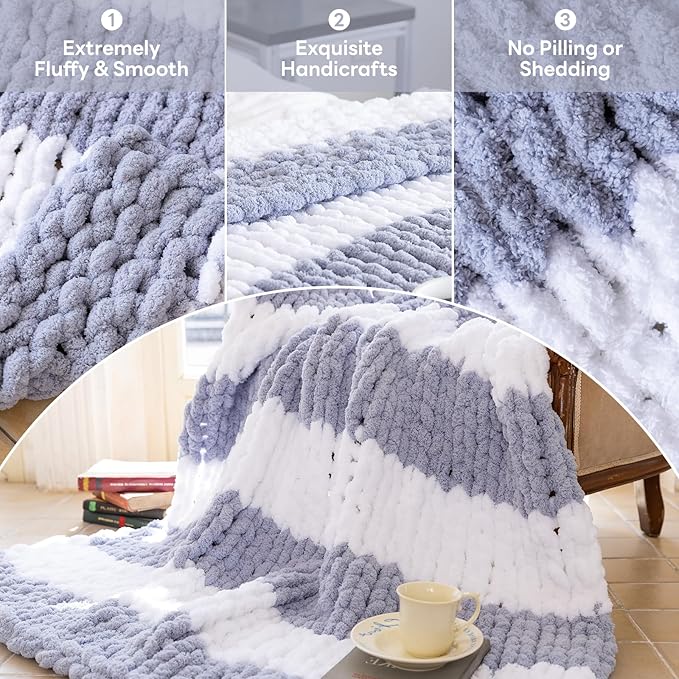 Chunky Knit Blanket - Luxury Soft Cozy King Size(60 * 80) Throw Blanket,100% Woven Blanket Rope Knot Throw Blanket for Couch, Sofa, Home Decor, Gift - Machine Washable(White/Light Gray)