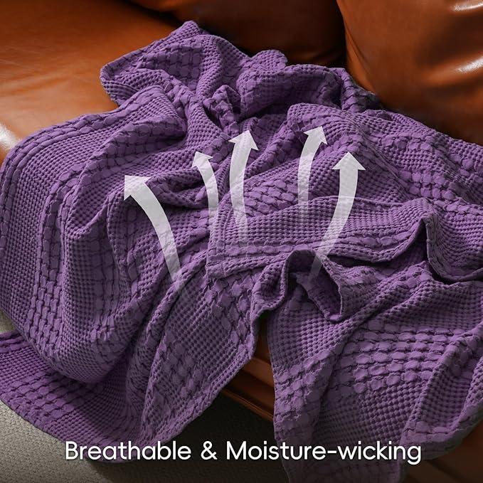 PHF 100% Cotton Waffle Weave Blanket Queen Size, Soft Lightweight Breathable Cozy Summer Blankets for Bed, Luxury Aesthetic Woven Bedding for Home Decor, 90"x90", Grape Purple
