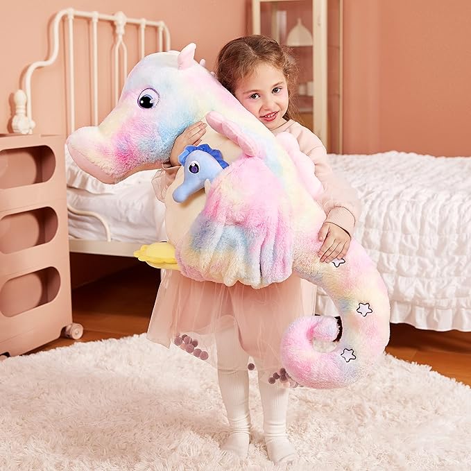 IKASA Giant Seahorse Stuffed Animal Plush Toy,30" Large Sea Horse Cute Jumbo Soft Toys,Huge Big Size Plushy Plushie with Two Babies,Gifts for Kids