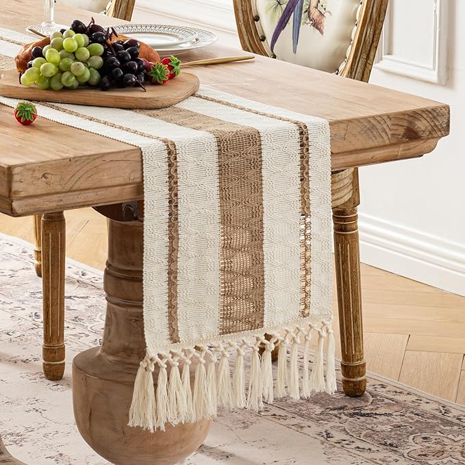 Fancy Homi Boho Table Runner 72 Inches Long Neutral Macrame Table Runner for Home Decor, Tan Farmhouse Table Runners with Tassels for Party Bohemian Rustic Bridal Shower Dining Decor 12x72 Inches