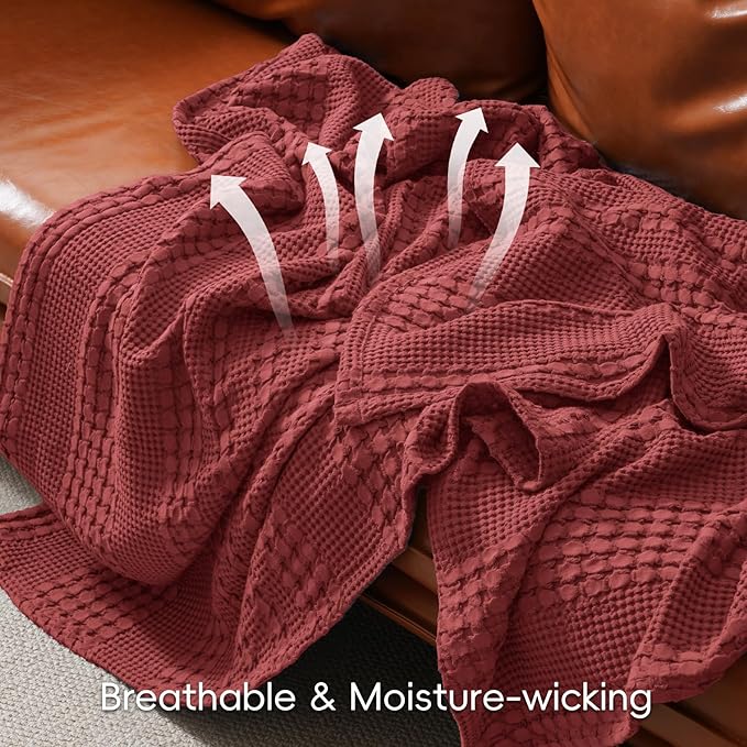 PHF 100% Cotton Waffle Weave Throw Blanket, Soft Lightweight Breathable Cozy Summer Throws for Couch Bed Sofa, Luxury Aesthetic Woven Blanket for Home Decor & Office, 50"x60", Wine Red