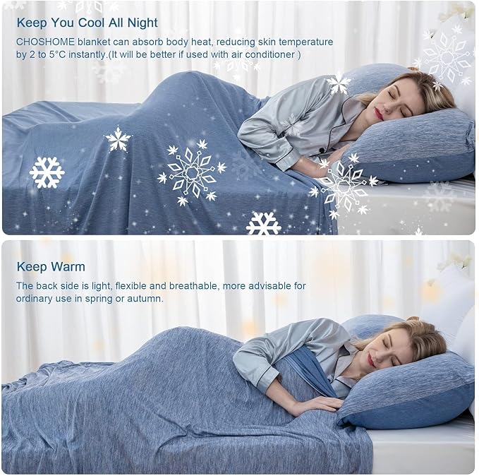 CHOSHOME Cooling Blanket for Hot Sleepers Lightweight Summer Cold Thin Blankets for Sleeping, Hot Flashes Night Sweats, Soft Blanket for Bed, Throw Size, Blue