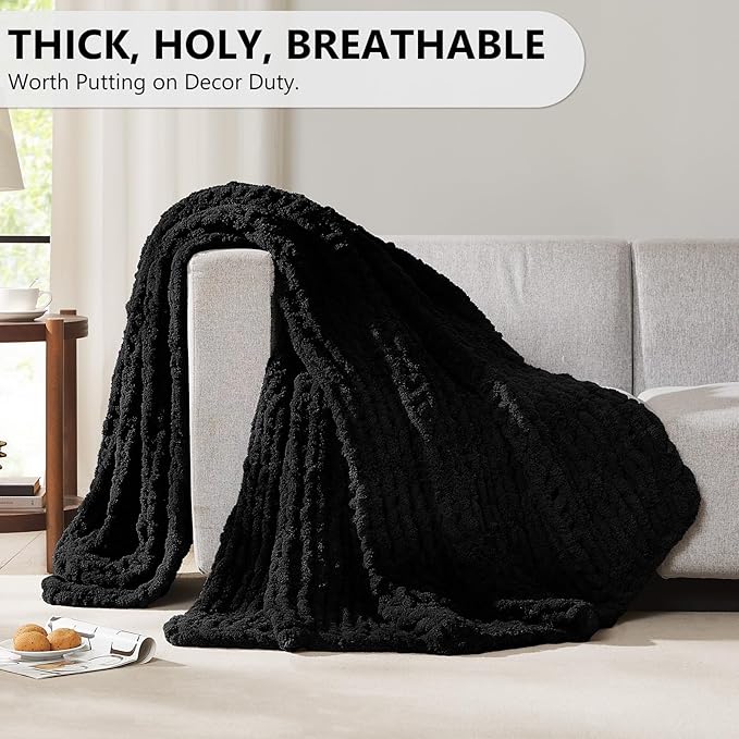 L'AGRATY Chunky Knit Blanket Throw: 72''x84'' Chenille Chunky Knitted Throw Blanket for Bed Couch - Handmade Thick Big Cable Knit Blanket - Large Chunky Crochet Rope Blanket for Home Decor(Black)