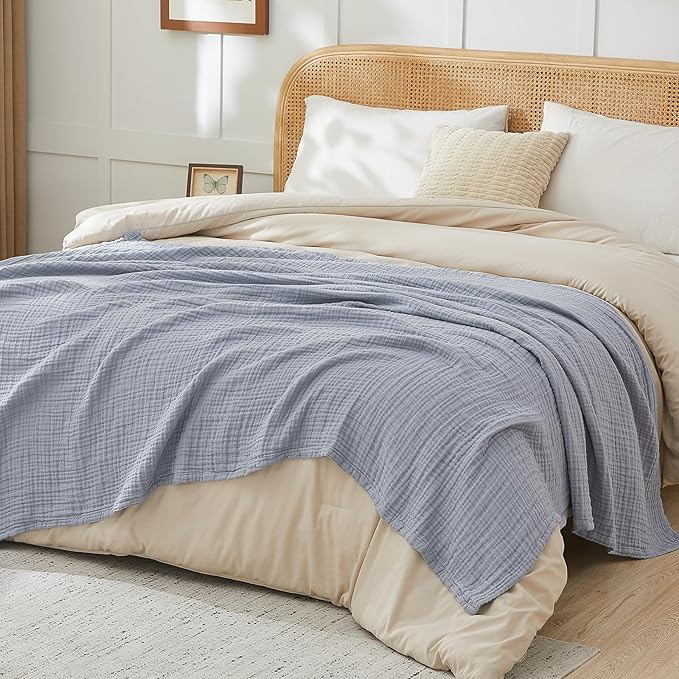 EMME Cotton Muslin Twin XL Blanket Breathable Gauze Blanket Soft Lightweight Blankets Adults Gifts for Women (Dusty Blue, 60"x80")