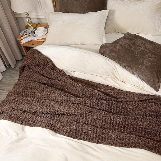 PHF Chenille Waffle Knit Blanket Twin Size- Plush Warm & Cozy 60" x 80" Ultra Soft Blanket- Chunky Fluffy Waffle Bedding for Home Decor - Cocoa Brown