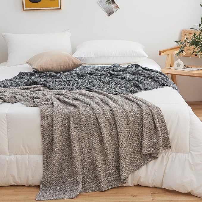 Longhui bedding Knitted Throw Blanket for Couch, Soft, Cozy Machine Washable 100% Cotton Sofa Blanket, Heavy 2.5lb Weight, Laundry Bag Included, Grey and White