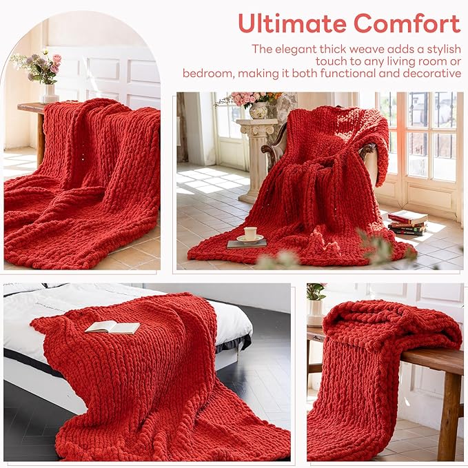 Chunky Knit Blanket - Luxury Soft Cozy Queen Size(50 * 60) Throw Blanket,100% Woven Blanket Rope Knot Throw Blanket for Couch, Sofa, Home Decor, Gift - Machine Washable(Wine red)