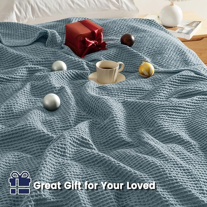 PHF Pre-Washed Cotton Waffle Weave Blanket King Size for Bed,Snag Proof Throw for Couch Spring Summer,Lightweight Breathable,Oeko-TEX Certified,Machine Washable, Home Decor Gift-Ocean/Sliver Blue