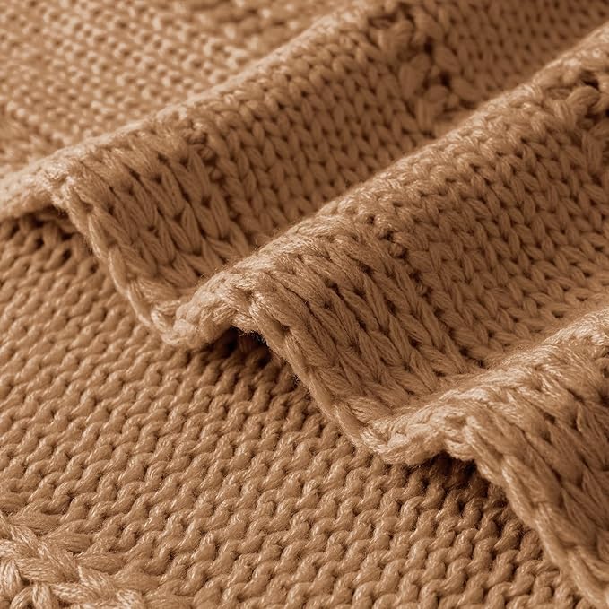 RECYCO Cable Knit Light Brown Throw Blanket Twin Size for Couch, Super Soft Warm Cozy Decorative Knitted Throw Blanket 3.6LB for Bed, Sofa, Chair Large 60"x80"