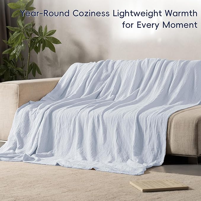 PHF 100% Cotton Muslin Blanket King Size 108" x 90", 4-Layer Lightweight and Breathable Blanket for Summer, Luxuriously Soft Gauze Bedding for Bed, Natural Minimalism Style, Ideal Gift, Ancient Water