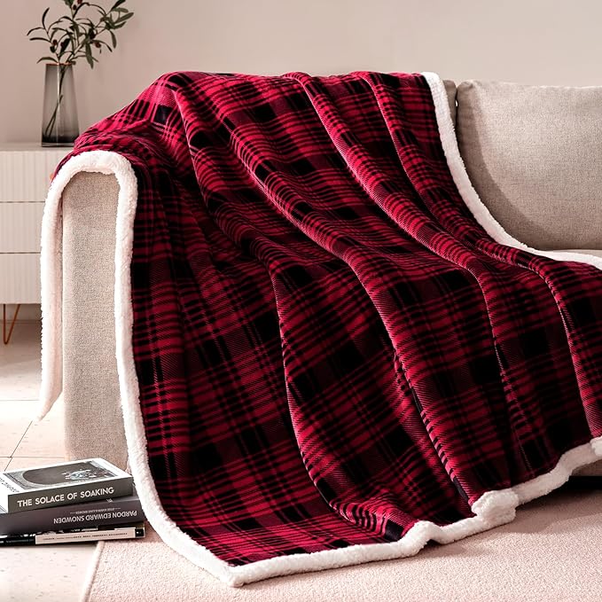 Touchat Sherpa Plaid Throw Blanket(60" X 70", Plaid Red), Fuzzy Fluffy Cozy Soft Blanket, Fleece Flannel Plush Twin Size Microfiber Blanket for Couch Bed Sofa